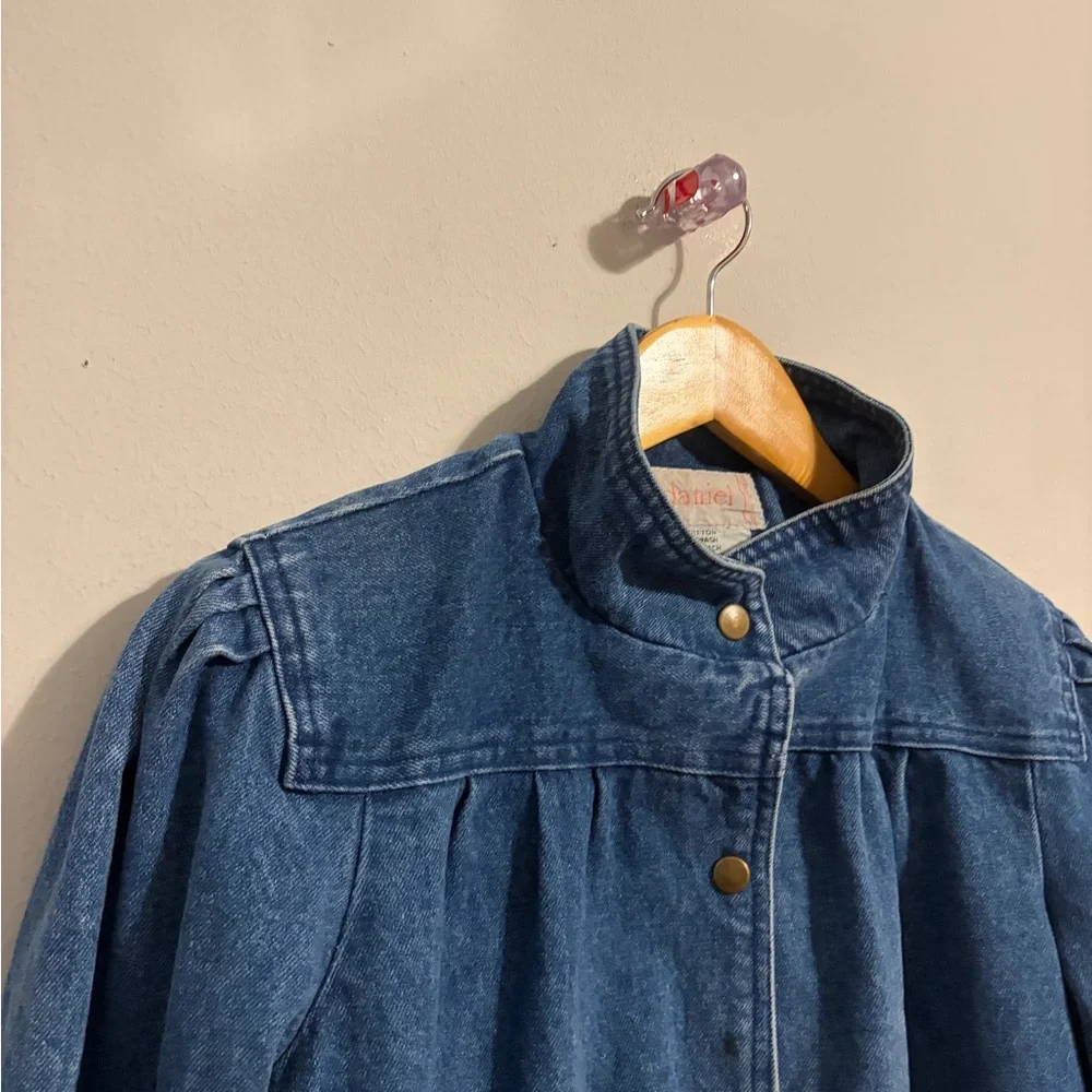 Vintage Dark Blue Bomber Jean Jacket Size Medium Stranger Things Puff Shoulder - Picture 6 of 9